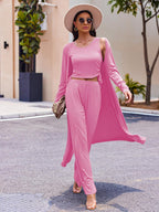 Women's 3 Piece Lounge Set Pajama Long Sleeve Cardigan Sleeveless Top Pants Sweatsuit