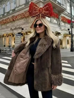 Women's Winter Fashion Faux Fur Coat, Vintage Loose Fit Long Sleeve Jacket, Large Fur Collar, Daily Wear Outerwear