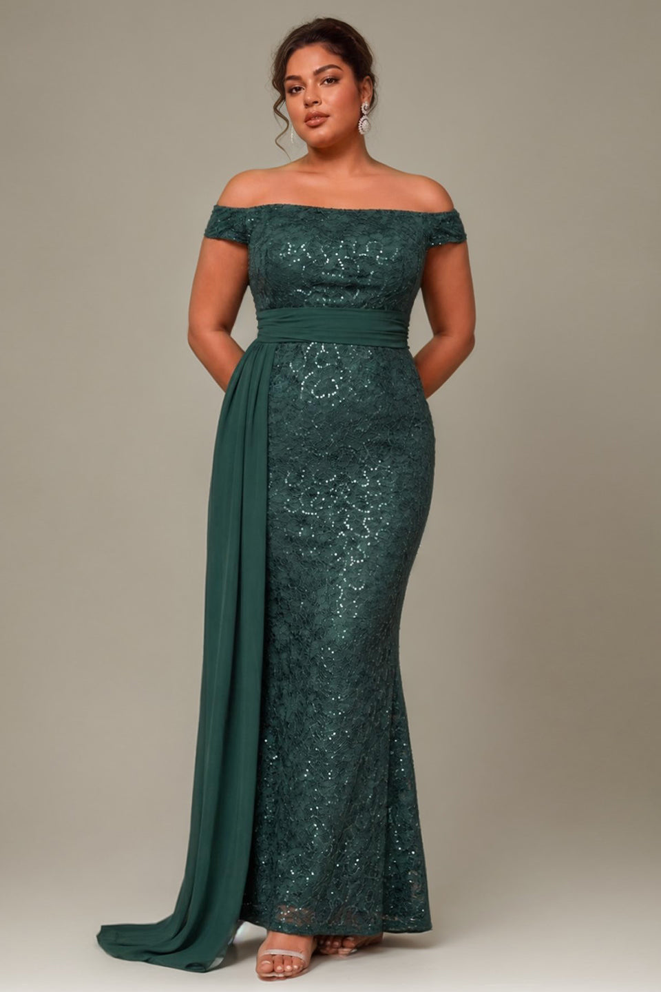 Curveins Plus Size Off Shoulder Sequin Waist Tie Elegant Evening Maxi Dress