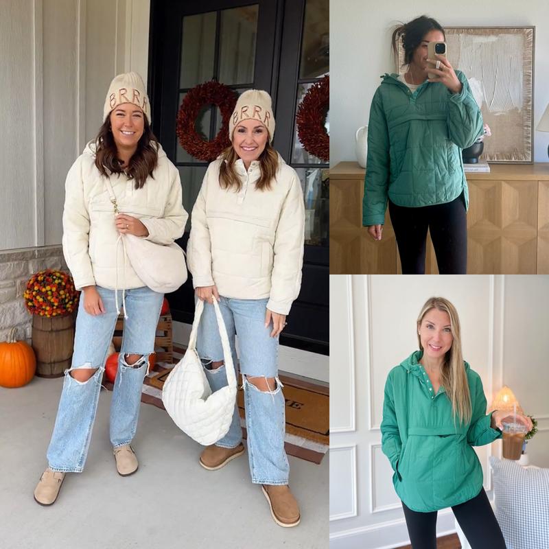 Women's Oversized Puffer Jacket Quilted Dolman Hoodies Pullover Long Sleeve Lightweight Warm Tops with Big Chest Pocket