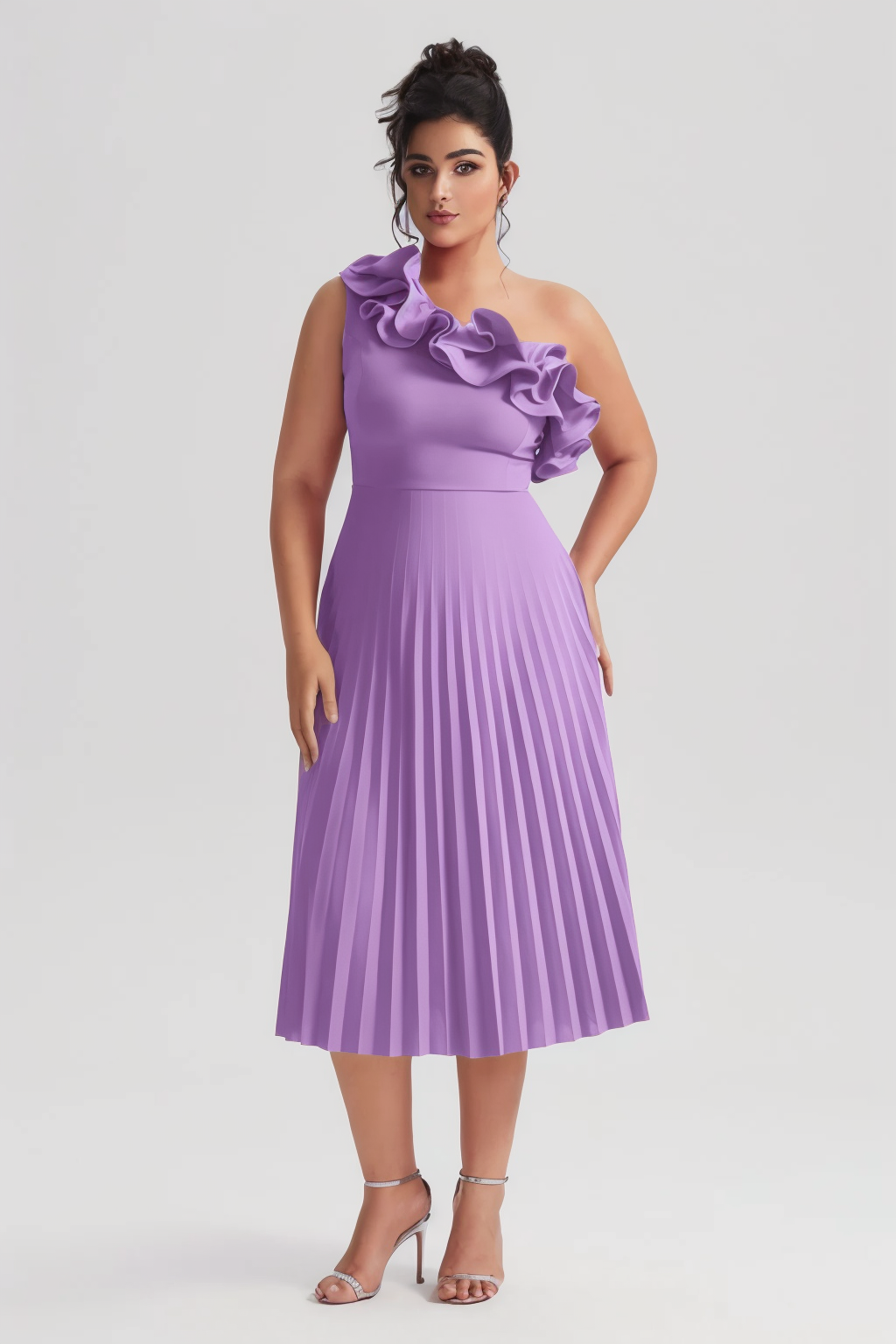 Curveins Plus Size Slimming Asymmetric One-Shoulder Ruffle Trim Pleated Dress