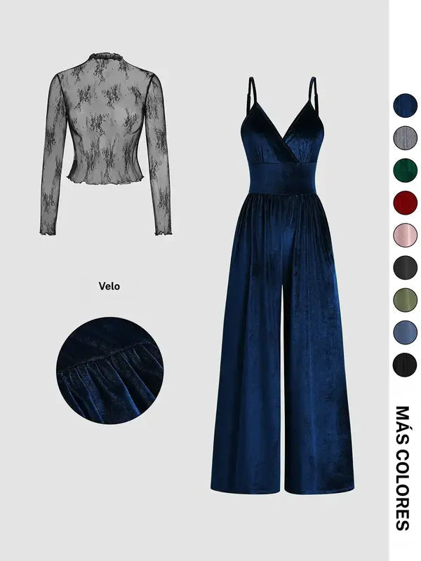 Valentine's Day Women's Solid Color Lace Tee & Pocket Jumpsuit Two-piece Set, Elegant Fashion Casual Zipper Back Cami Jumpsuit & Long Sleeve Top for Daily Outdoor Wear, Women's Clothing for Spring & Fall