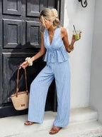 Women's Striped Two-Piece Set: Sleeveless Tie-Waist Top and Relaxed Long Pants — Vintage Bohemian Style, Commuter Outfit