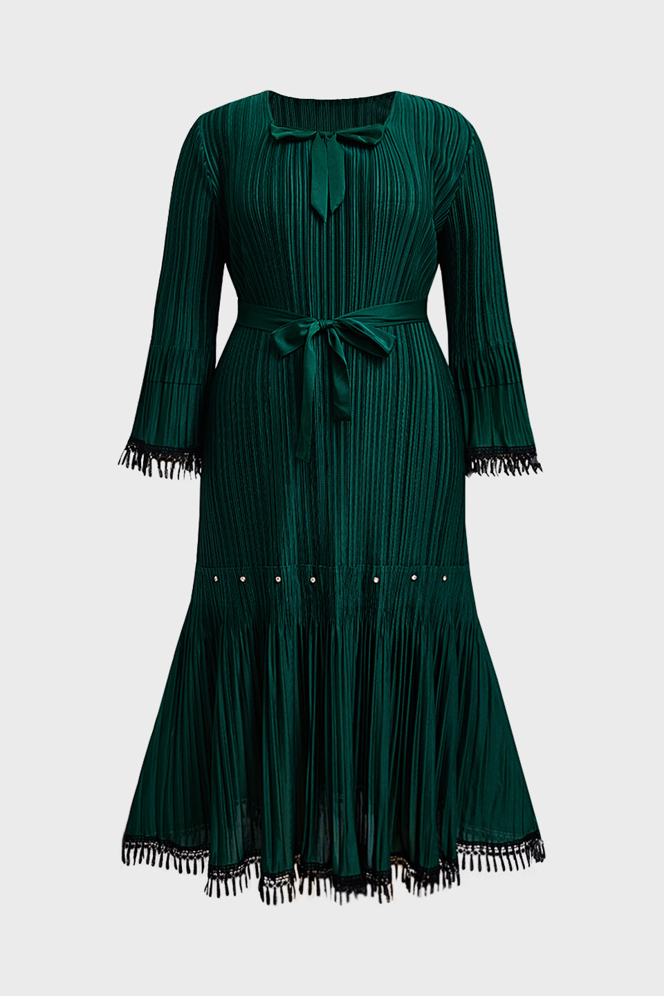 Curveins Plus Size Square Neck Long Sleeve Tie-Up Fringe Maxi Dress