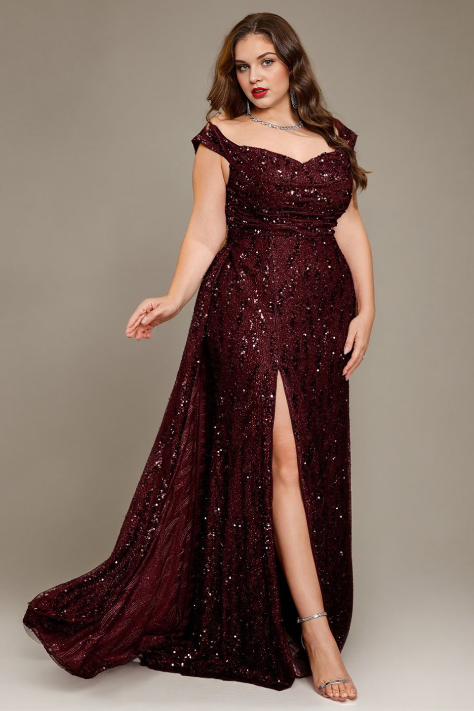 Curveins Plus Size V Neck Side Slit Spaghetti Strap Sequin Fitted Maxi Dress