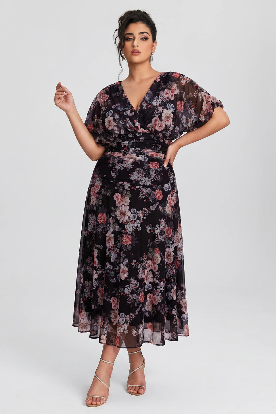 Curveins Plus Size V Neck Puff Sleeve Waist Defining Floral Print Elegant Maxi Dress