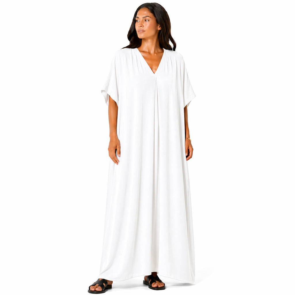 Women's long, flowy, oversized V-neck dress – chic and comfortable for summer.