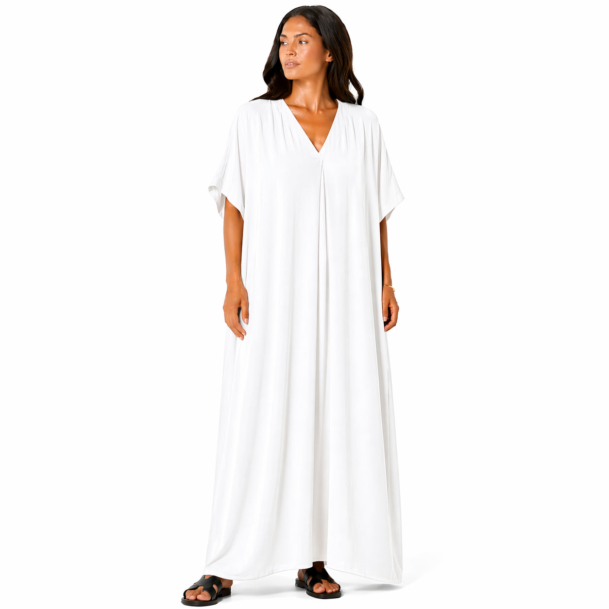 Women's long, flowy, oversized V-neck dress – chic and comfortable for summer.