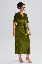 Curveins Plus Size Elegant Velvet V-Neck Shirred Maxi Dress