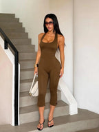 Women's Solid Color Halter Neck Capri Jumpsuit, Casual Comfy Breathable Sleeveless Jumpsuit for Summer, Ladies Clothes for Daily Wear
