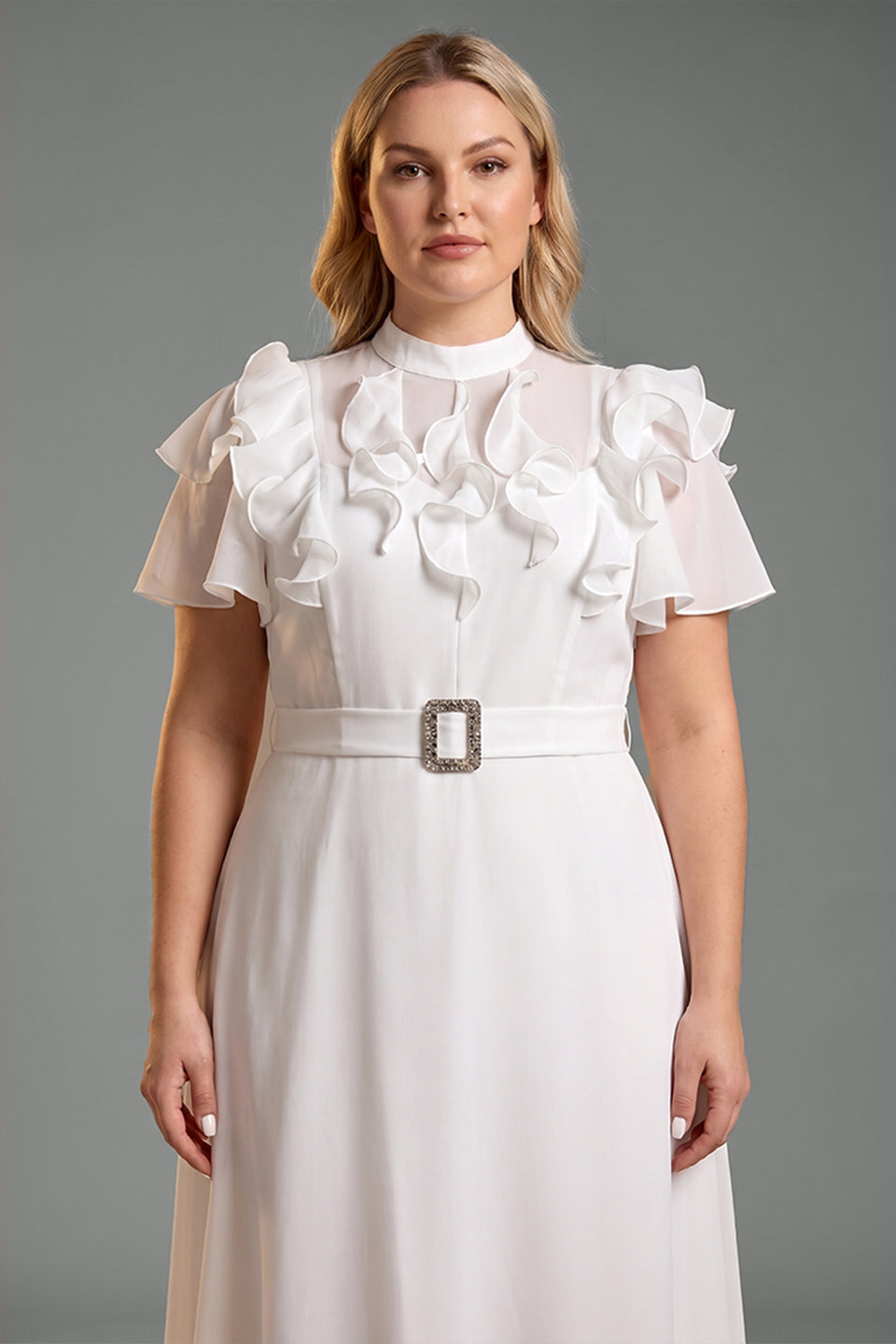 Curveins Plus Size Stand Collar Flare Sleeve Flowing A-Line Chiffon Maxi Dress