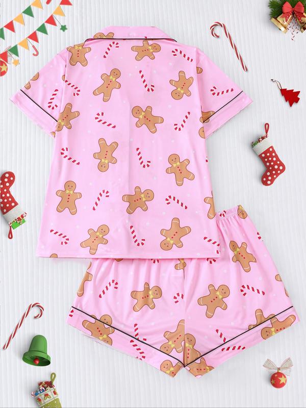 Women's Christmas Pajama Set, Santa Cookie Print, Short Sleeve Button-up Top & Elastic Shorts, Casual All-season Sleepwear, Christmas Pyjamas, Loungewear