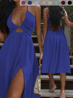 Summer New Sexy Wrap Top V-Neck Dress, Loose Beach Style Split Skirt, Women's Fashionable Long Dress, Perfect for Vacation