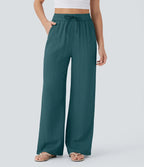 Casual High-Waisted Linen Trousers with Drawstring and Wide Pockets
