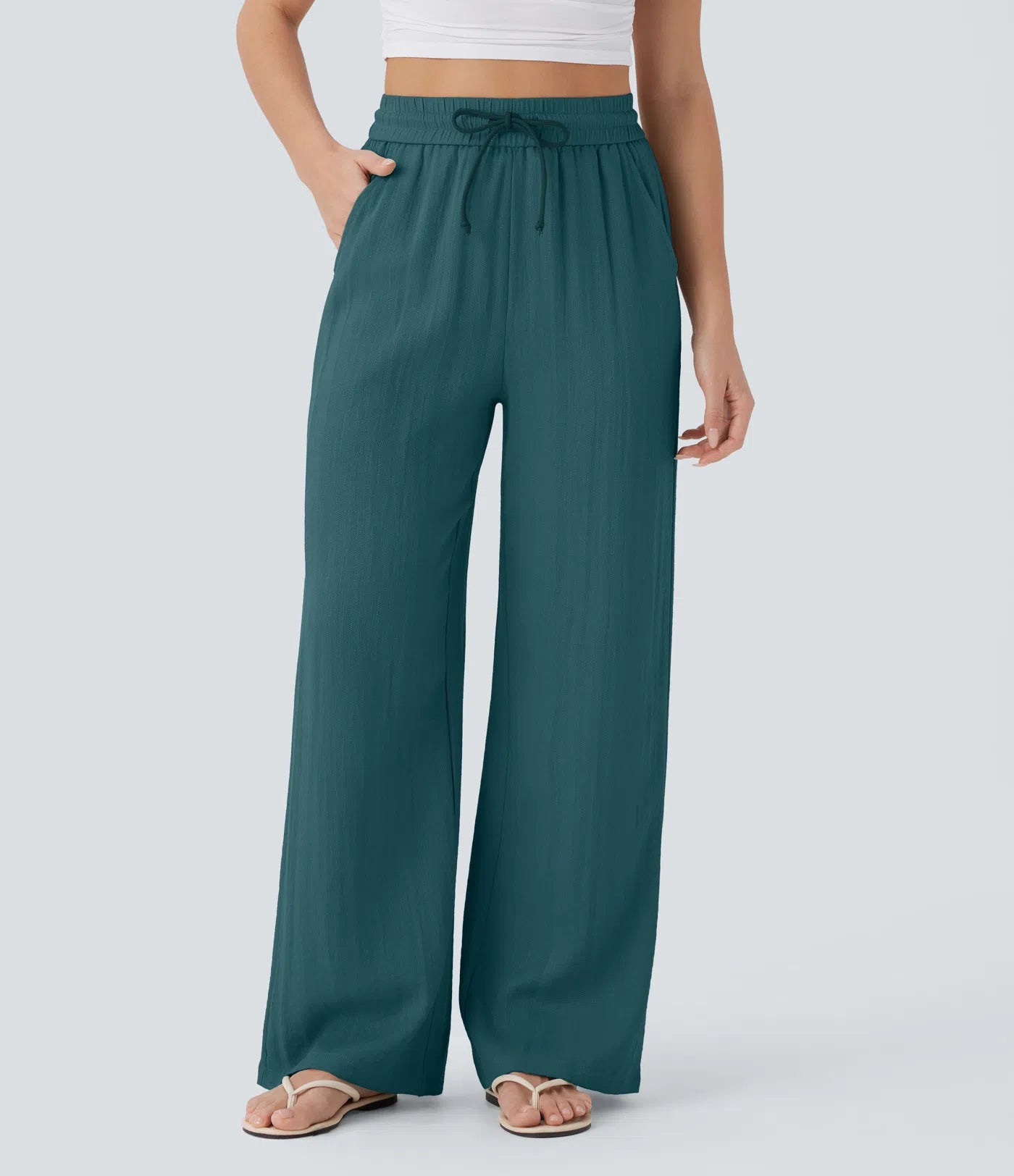 Casual High-Waisted Linen Trousers with Drawstring and Wide Pockets