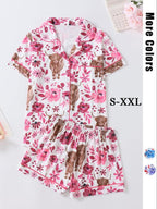 Women's Floral & Cow Print Top & Shorts Pajama Two-piece Set, Casual Comfy Short Sleeve Top & Shorts Pajama Set