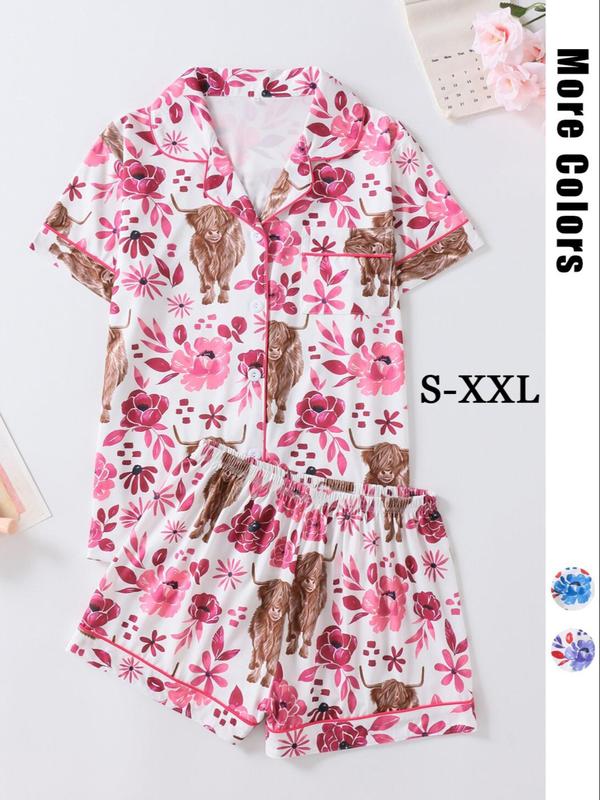 Women's Floral & Cow Print Top & Shorts Pajama Two-piece Set, Casual Comfy Short Sleeve Top & Shorts Pajama Set