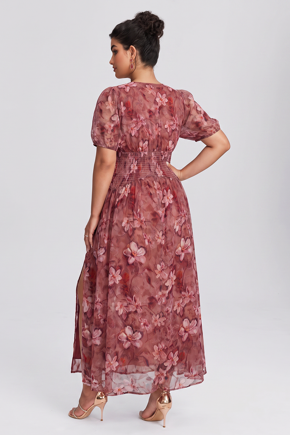 Curveins Plus Size V Neck Short Sleeve Floral Ruched Waist Flowy Elegant Maxi Dress