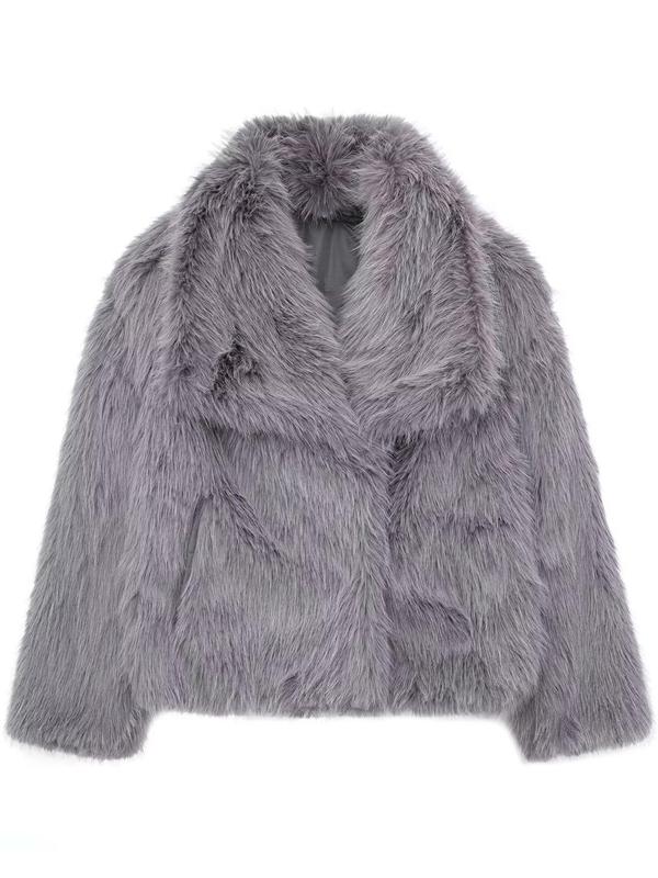 Women's Solid Color Faux Fur Fuzzy Jacket, Casual Long Sleeve Collared Fuzzy Coat for Fall & Winter, Women's Clothing for Daily Wear, Cute Tops