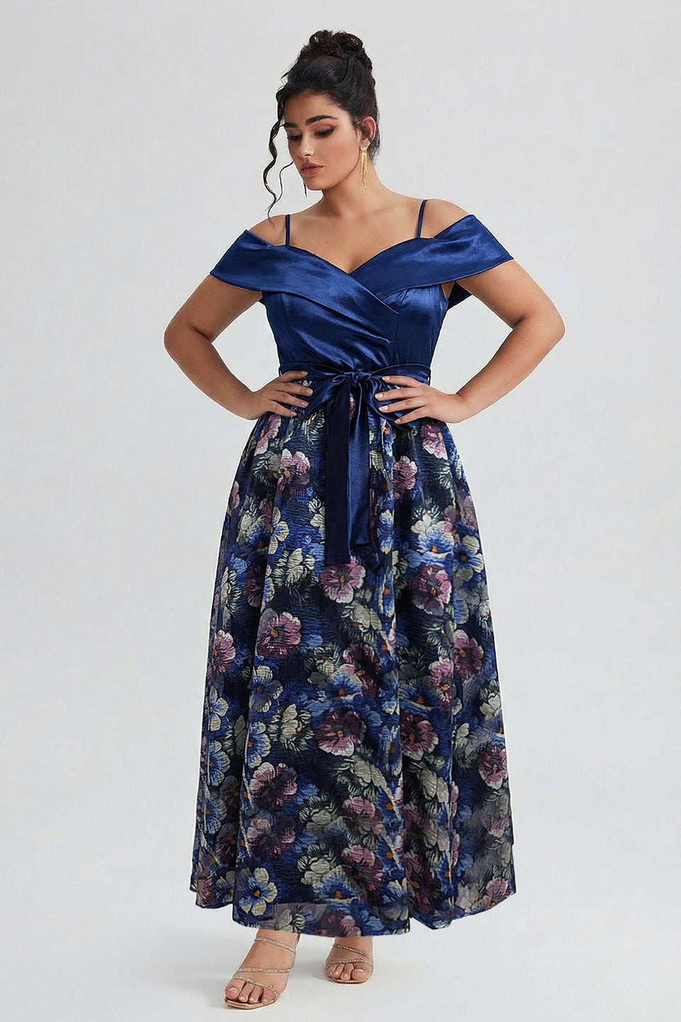 Curveins Plus Size Spaghetti Strap Off-Shoulder Printed Maxi Dress with Patchwork Detail