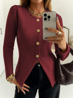 Women's Casual Elegant Ribbed Knit Button Long Sleeve Top, Fitted Plain Design, All Season Wear, Moderate Fabric Thickness