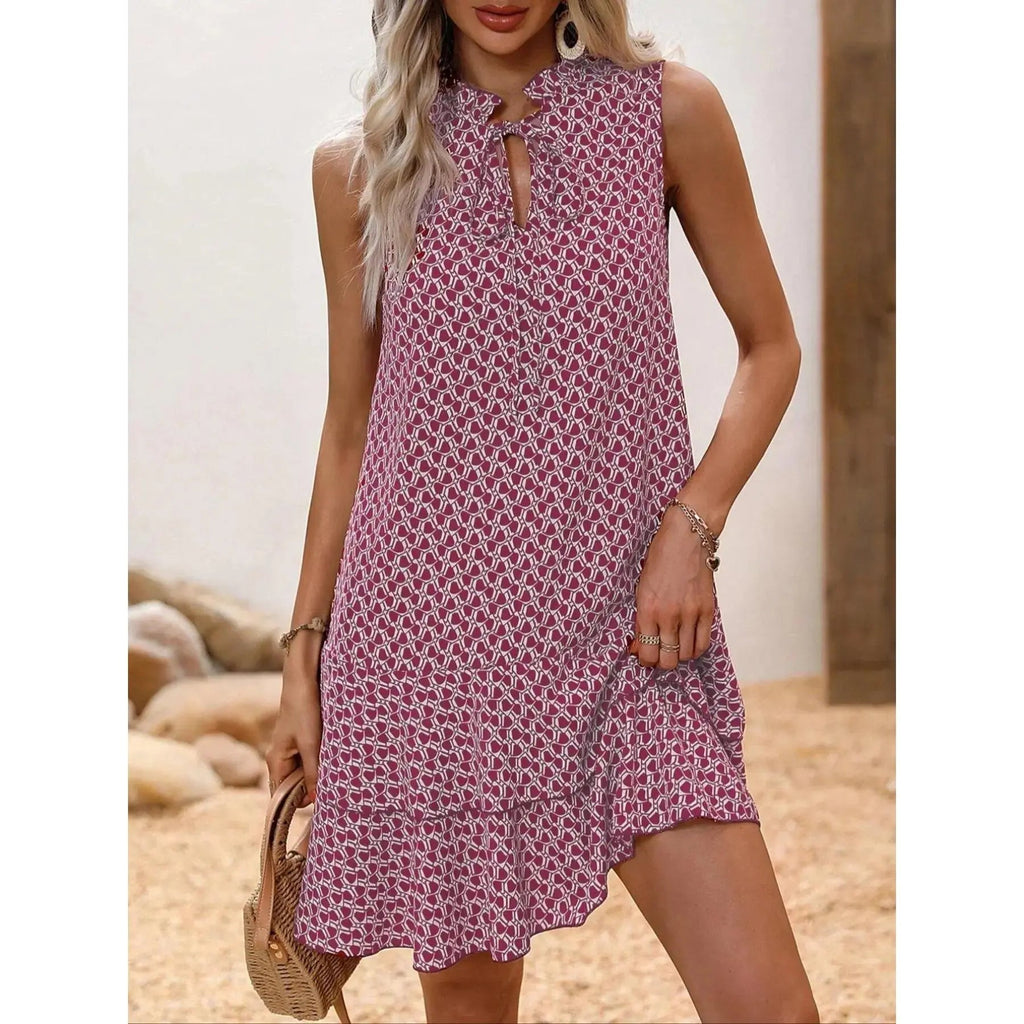 Women's Geometric Print Bow Tie Dress, Tiered Layer Cake Skirt, Casual Spring Summer Wear, Fitted Short Sleeveless Design