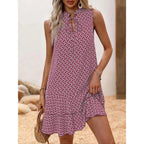 Women's Geometric Print Bow Tie Dress, Tiered Layer Cake Skirt, Casual Spring Summer Wear, Fitted Short Sleeveless Design