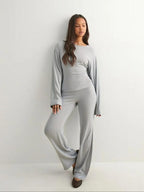 Women's Fall New Round Neck Flare Long Sleeve Top & Elastic Waist Straight Leg Pants Set, Casual Fashion for Daily Wear