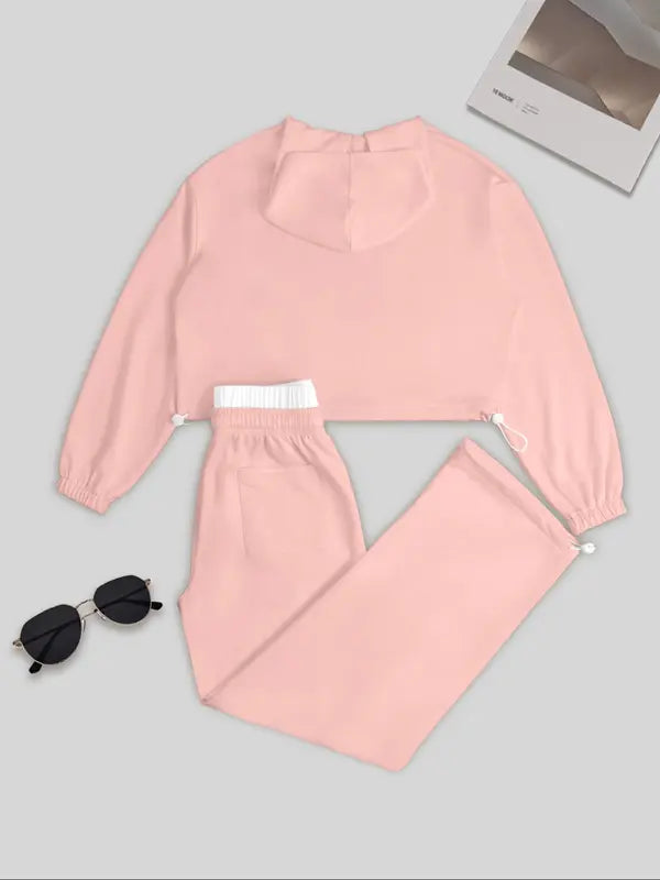 Women's Fashion Solid Color Casual Sports Style Drawstring Waist Hoodie Loose Set