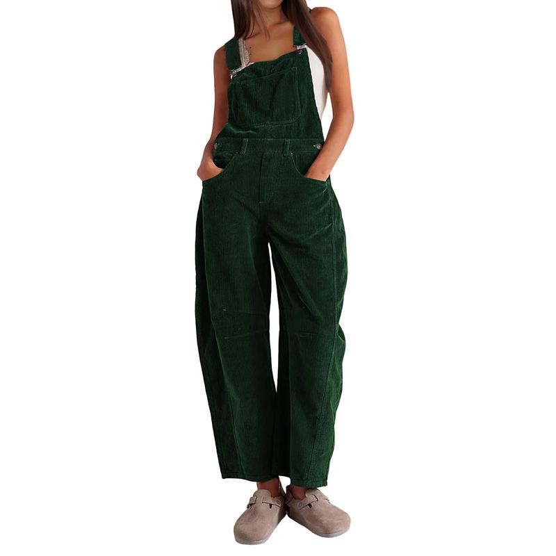 Corduroy Overalls for Women Barrel Wide Leg Bib Corduroy Pants Women Adjustable Romper Jumpsuit with Pockets