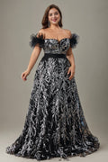 Curveins Plus Size Off Shoulder Sequin Pattern Cinched Waist Maxi Dress