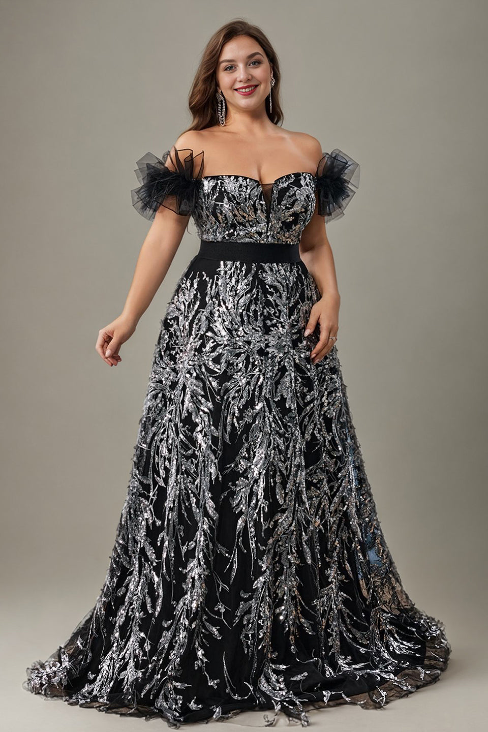 Curveins Plus Size Off Shoulder Sequin Pattern Cinched Waist Maxi Dress