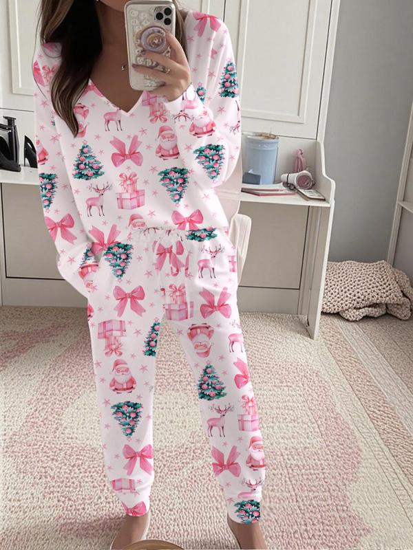 Women's Christmas Print Casual Set, Long Sleeve V Neck Top & Belted Pants, Ladies Homewear & Pajamas, Spring & Fall Fashion