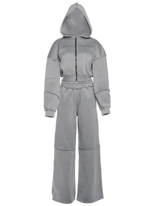 Women's Solid Zip Up Hooded Sweatshirt & Pocket Elastic Waist Pants Two-piece Set, Casual Drop Shoulder Long Sleeve Top & Trousers for Fall & Winter, Women's Clothes for Daily Wear