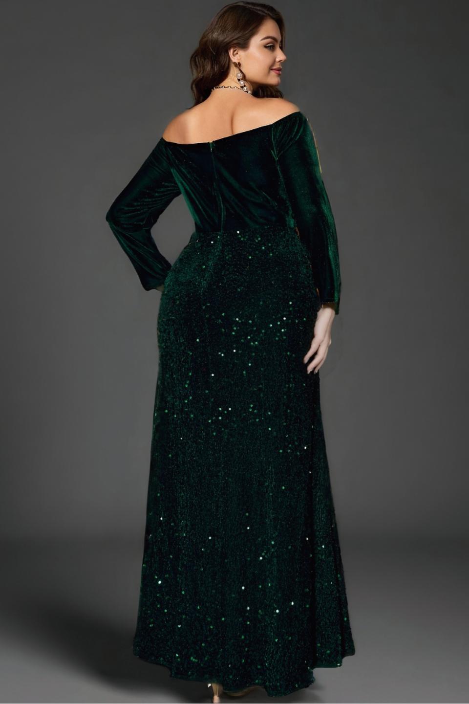 Curveins Plus Size V-Neck Velvet Sequin Strapless Maxi Dress