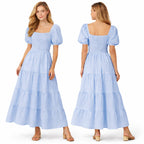 Robe longue femme smockée manches bouffantes coupe fluide à volants style élégant été