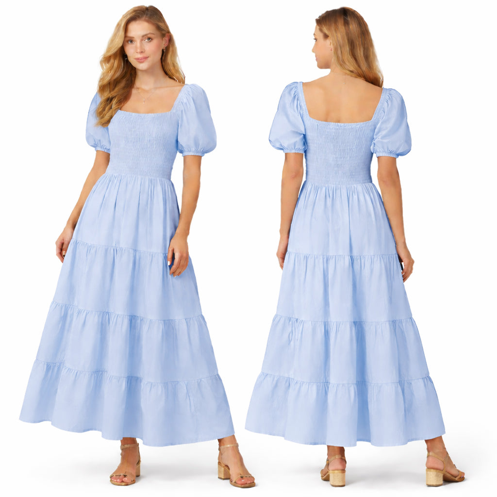 Robe longue femme smockée manches bouffantes coupe fluide à volants style élégant été