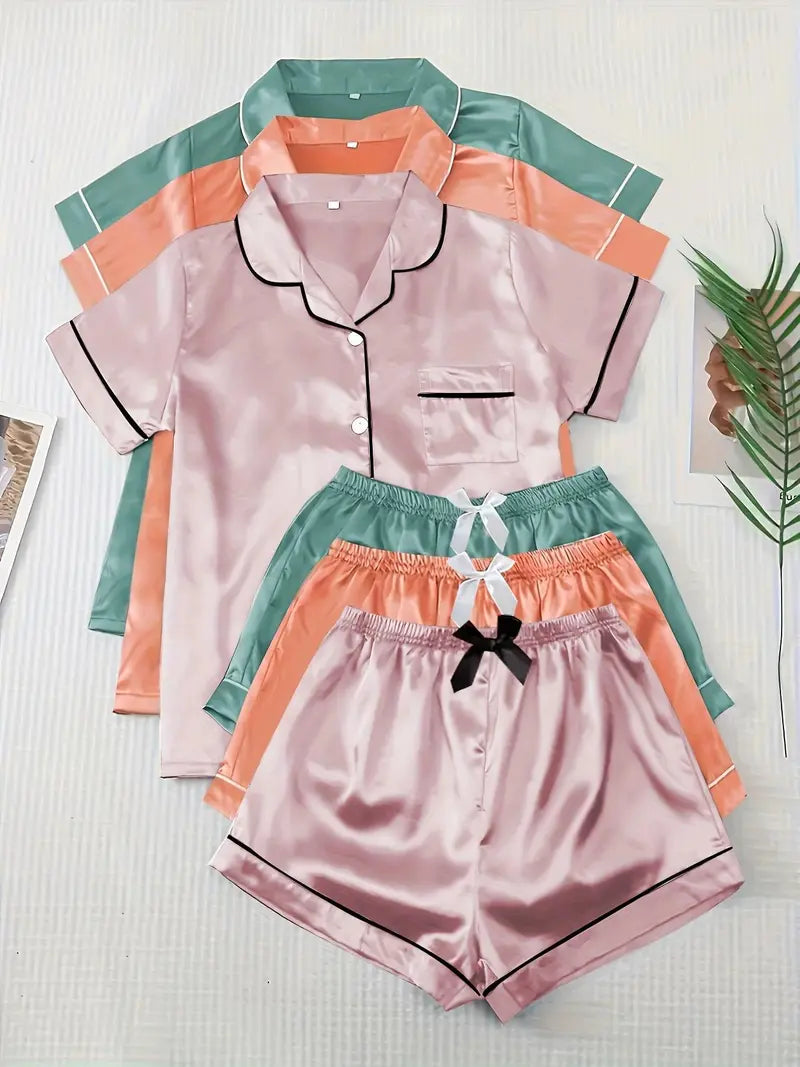 Women's Solid Contrast Binding Bow Decor Pajama Set, Short Sleeve Button Front Lapel Shirt & Shorts Pj Set, Ladies Summer Sleepwear & Loungewear