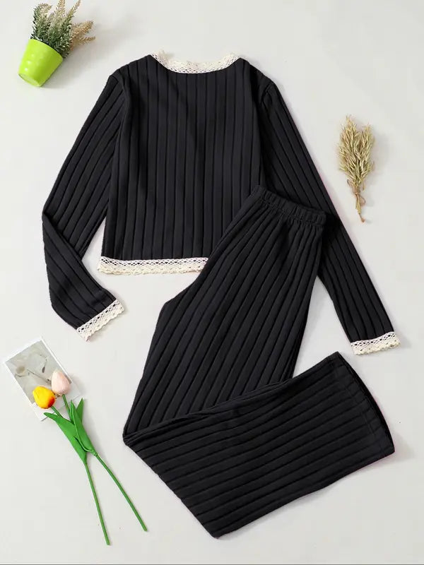 Women's V Neck Long Sleeve Pajama Set, Casual Fitted Sleepwear for All Seasons, Elegant Home Wear, 2pcs New Arrival