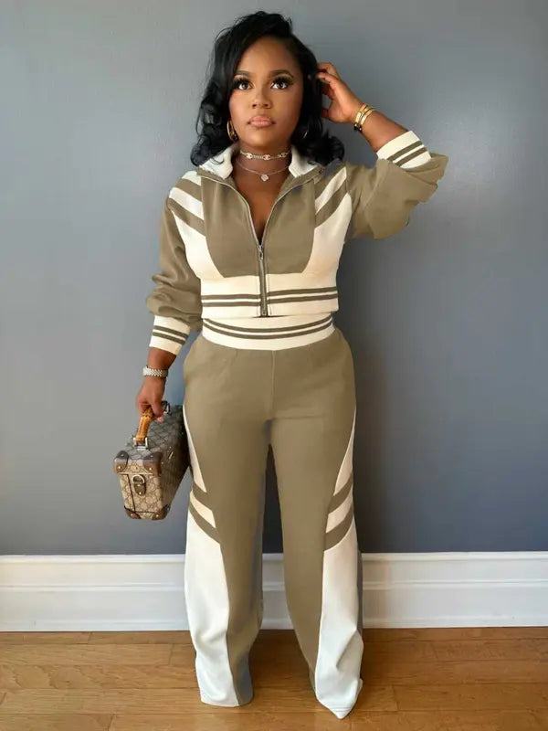 Women's Colorblock Print Zip Up Crop Jacket & Pants Two-piece Set, Casual Fashion Cozy Breathable Two Piece Outfits for Daily Outdoor Wear, Women Clothes for Fall & Winter