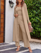 Women's 3 Piece Lounge Set Pajama Long Sleeve Cardigan Sleeveless Top Pants Sweatsuit