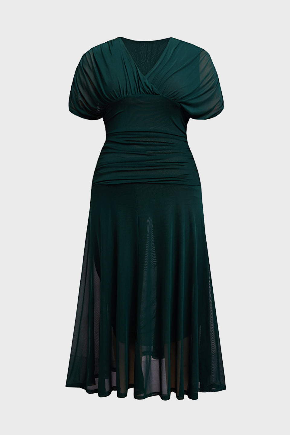 Curveins Plus Size V Neck Batwing Sleeve Cinched Waist Maxi Dress