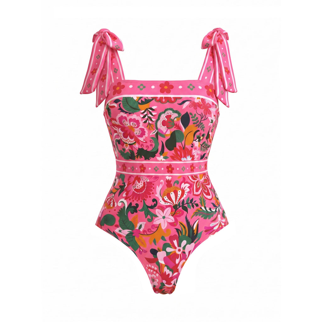 Pink Floral Paradise Print One Piece Swimsuit and Skirt
