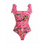 Pink Floral Paradise Print One Piece Swimsuit and Skirt