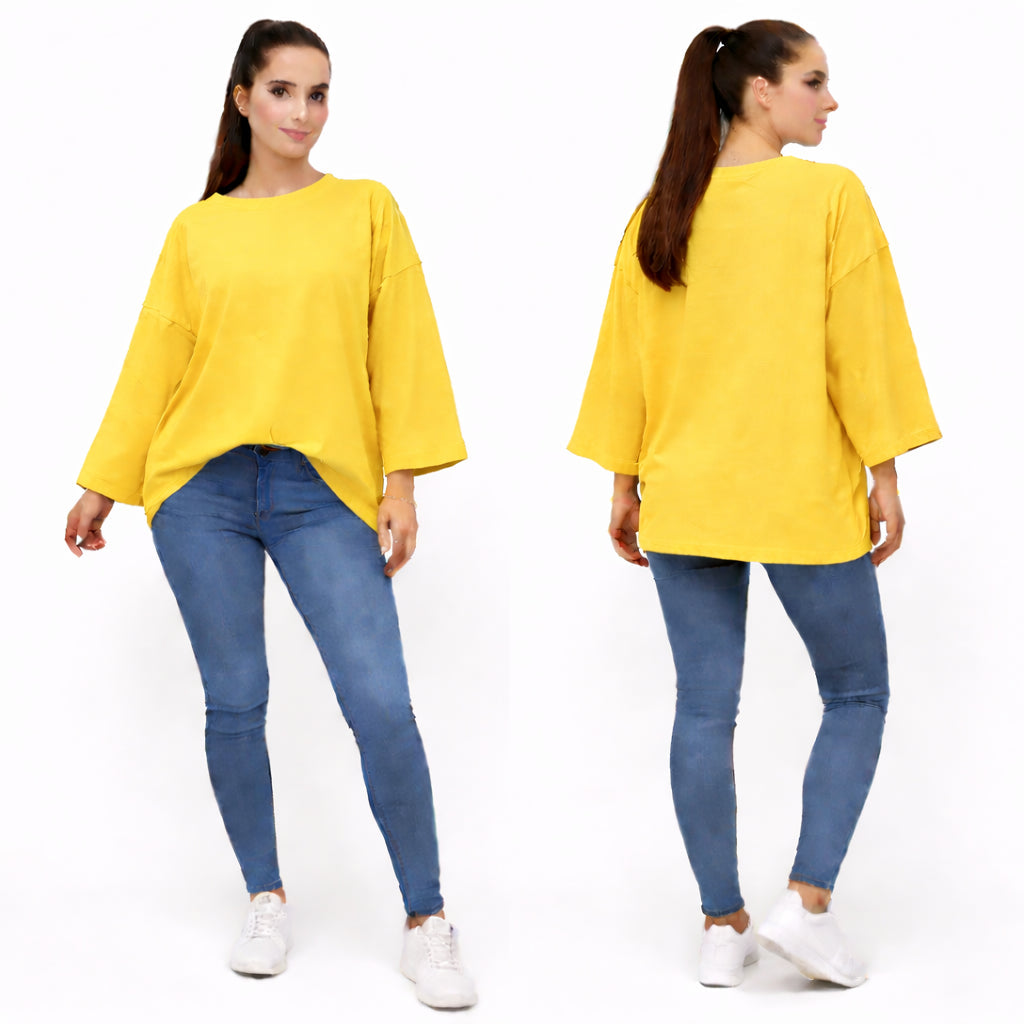 T-shirt uni oversize femme manches longues 100% coton – coupe ample, basique tendance
