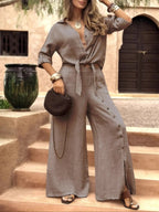 Women's Long Sleeve Loose Fit Shirt Set with Tie Hem, Single Button Decorated Wide Leg Pants, Casual All Season Outfit