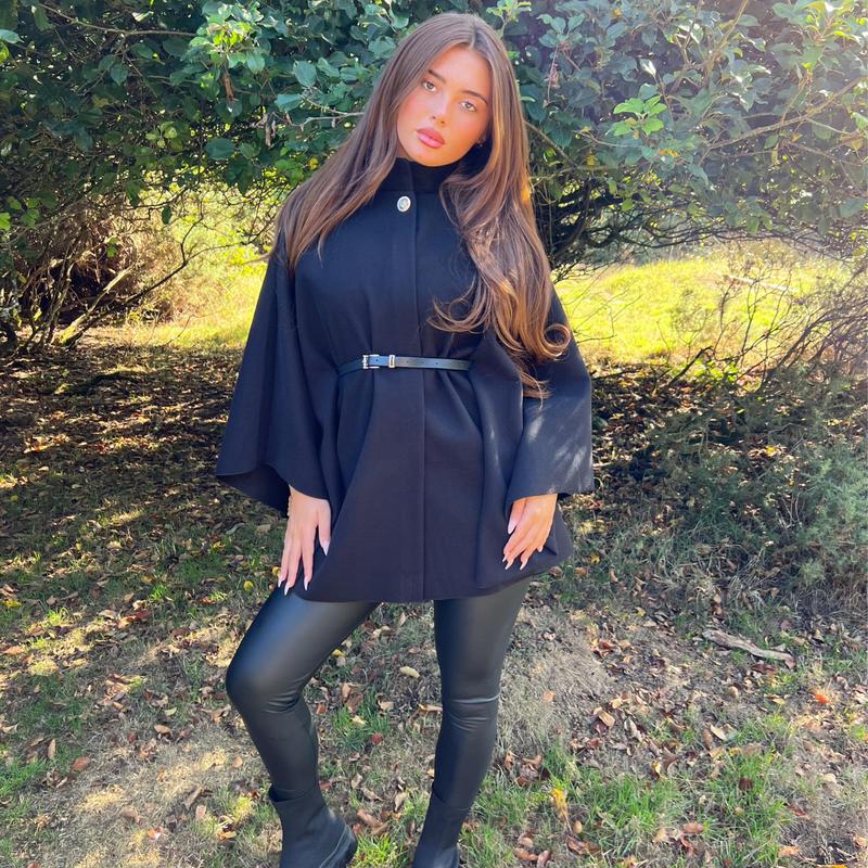 Belted Cape With Belt, High Neck with Button Fits Up To A Size30Autumn/Winter
