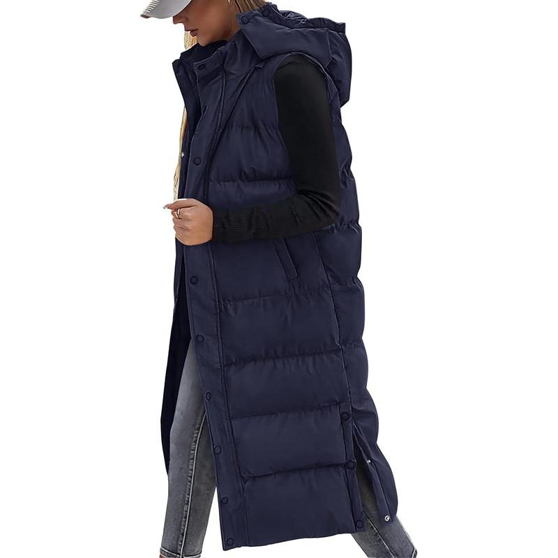Women's Long Puffer Vest with Quilted Hood and Button Down Closure for Winter Coat 2025 - Tops, Womenswear