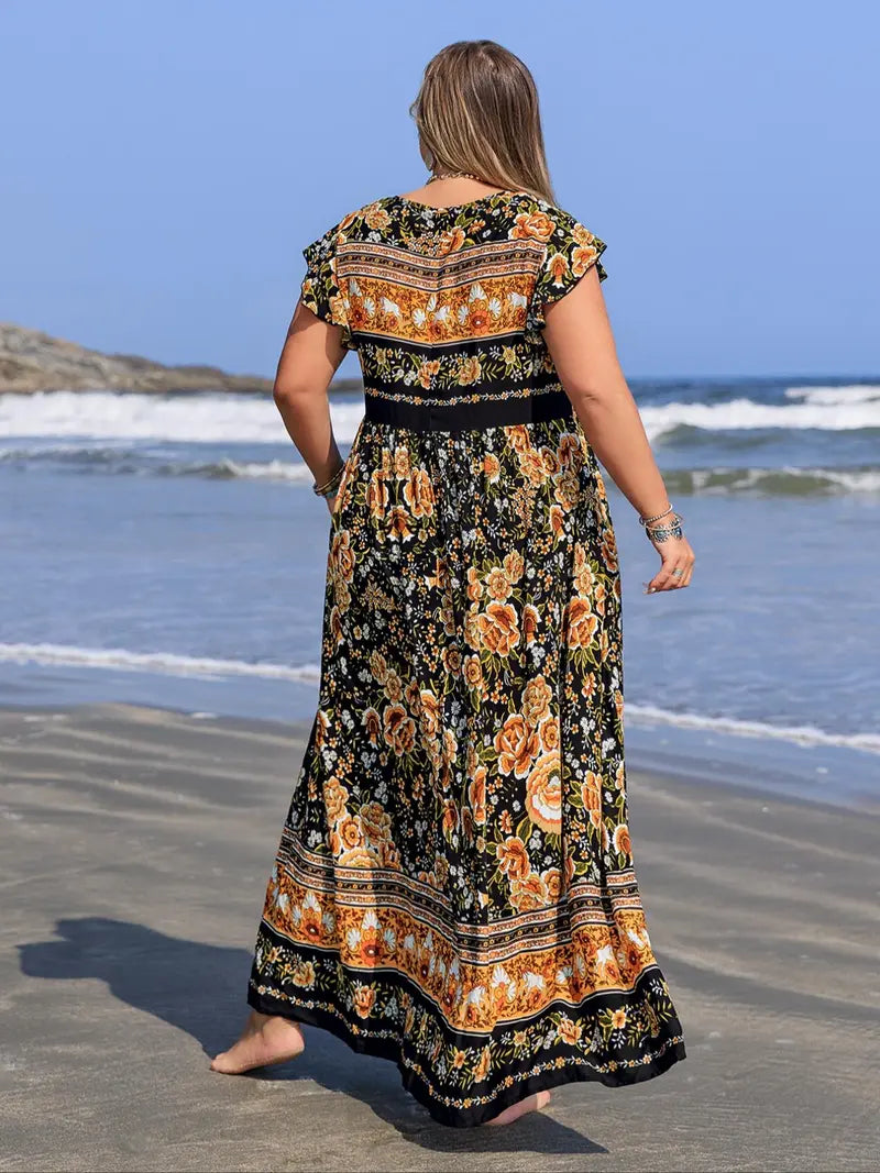 [Plus Size] Floral Print V-Neck Maxi Dress