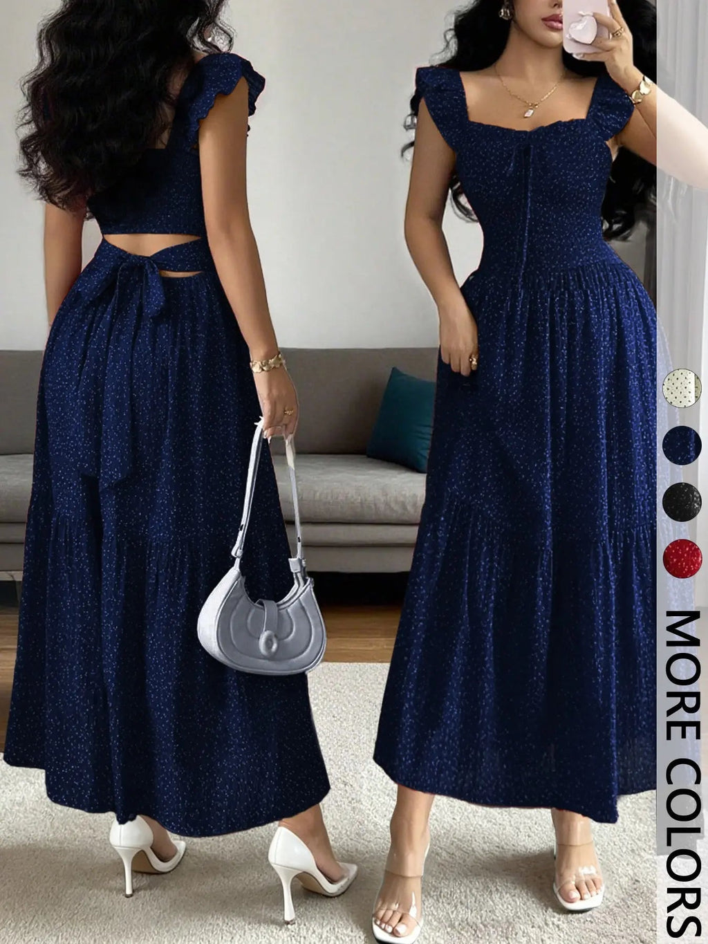 1 Piece Spring & Summer Ruffled Square Neck Polka Dot Maxi Dress
